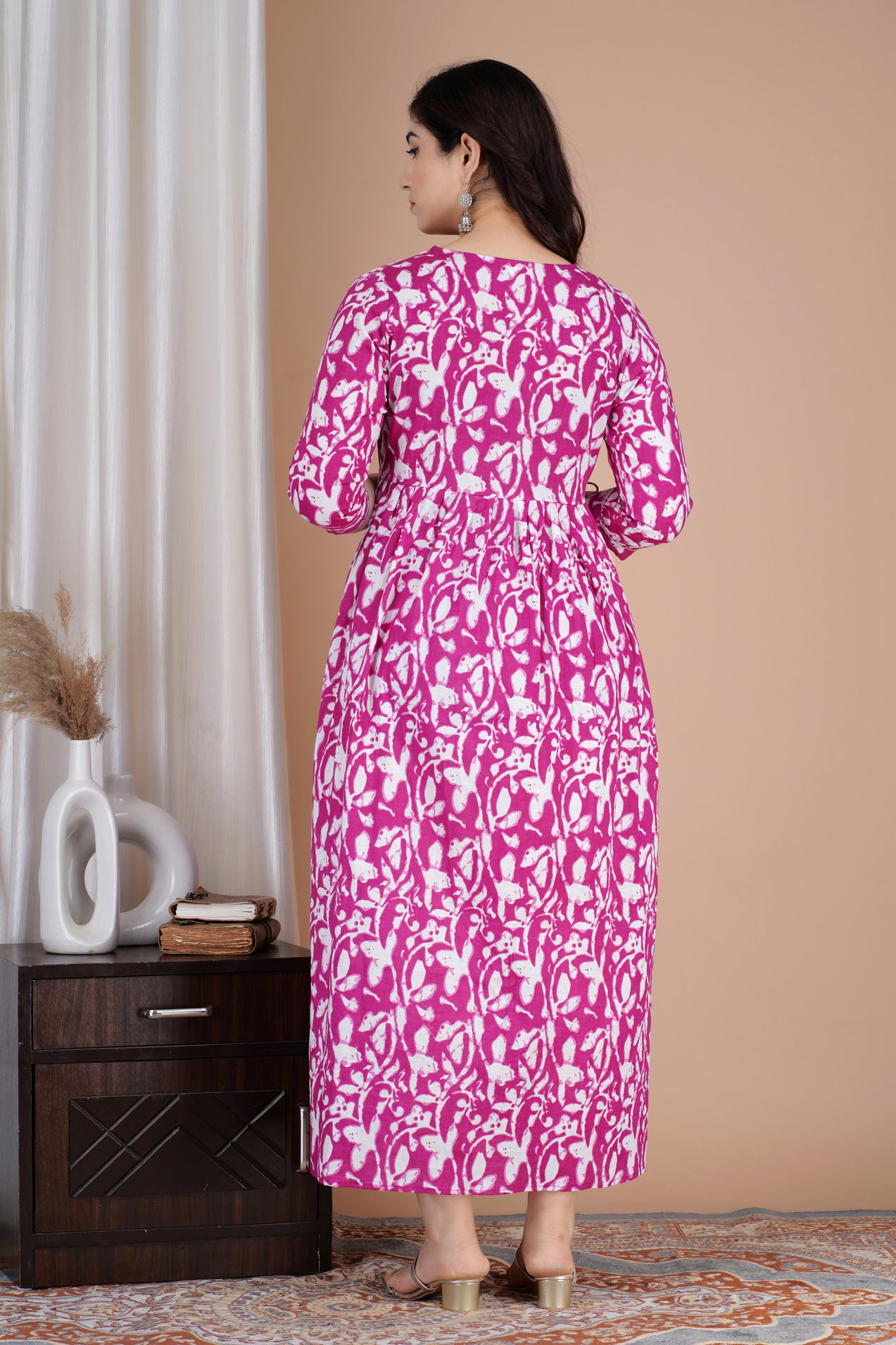 Rani Pink Printed Pure Rayon Maternity and Feeding Kurta