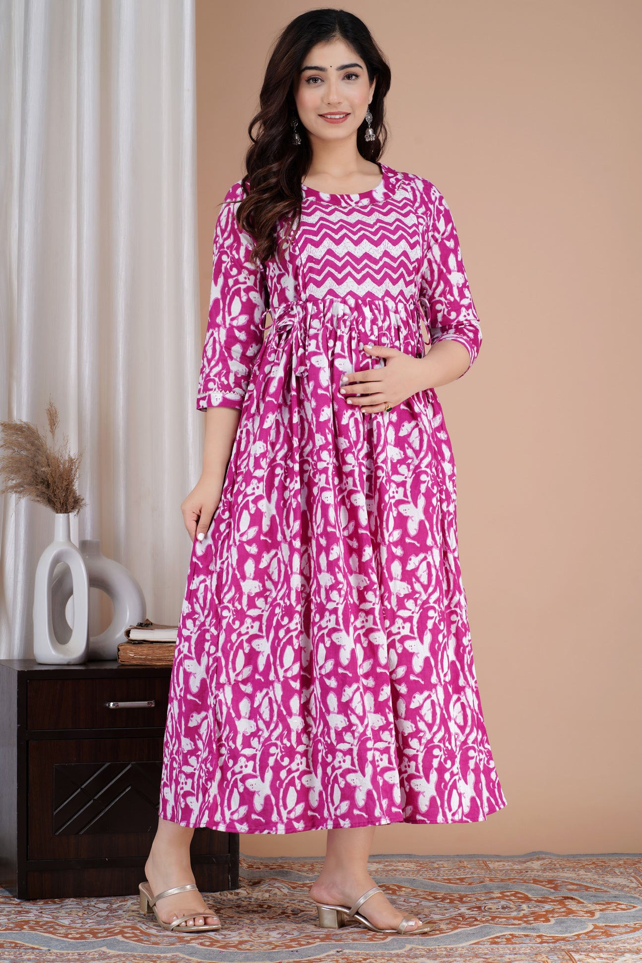 Rani Pink Printed Pure Rayon Maternity and Feeding Kurta
