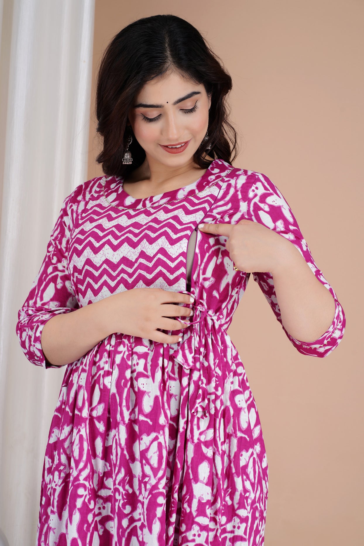 Rani Pink Printed Pure Rayon Maternity and Feeding Kurta