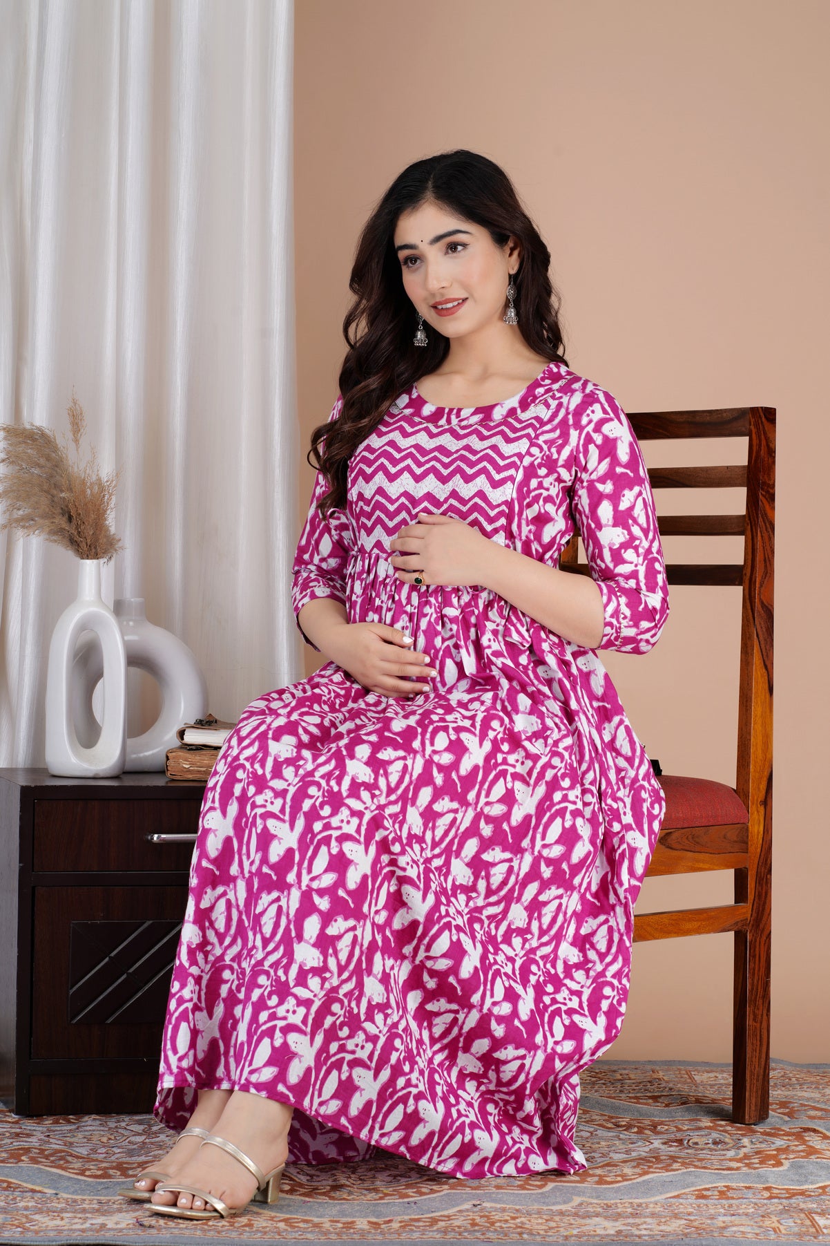Rani Pink Printed Pure Rayon Maternity and Feeding Kurta