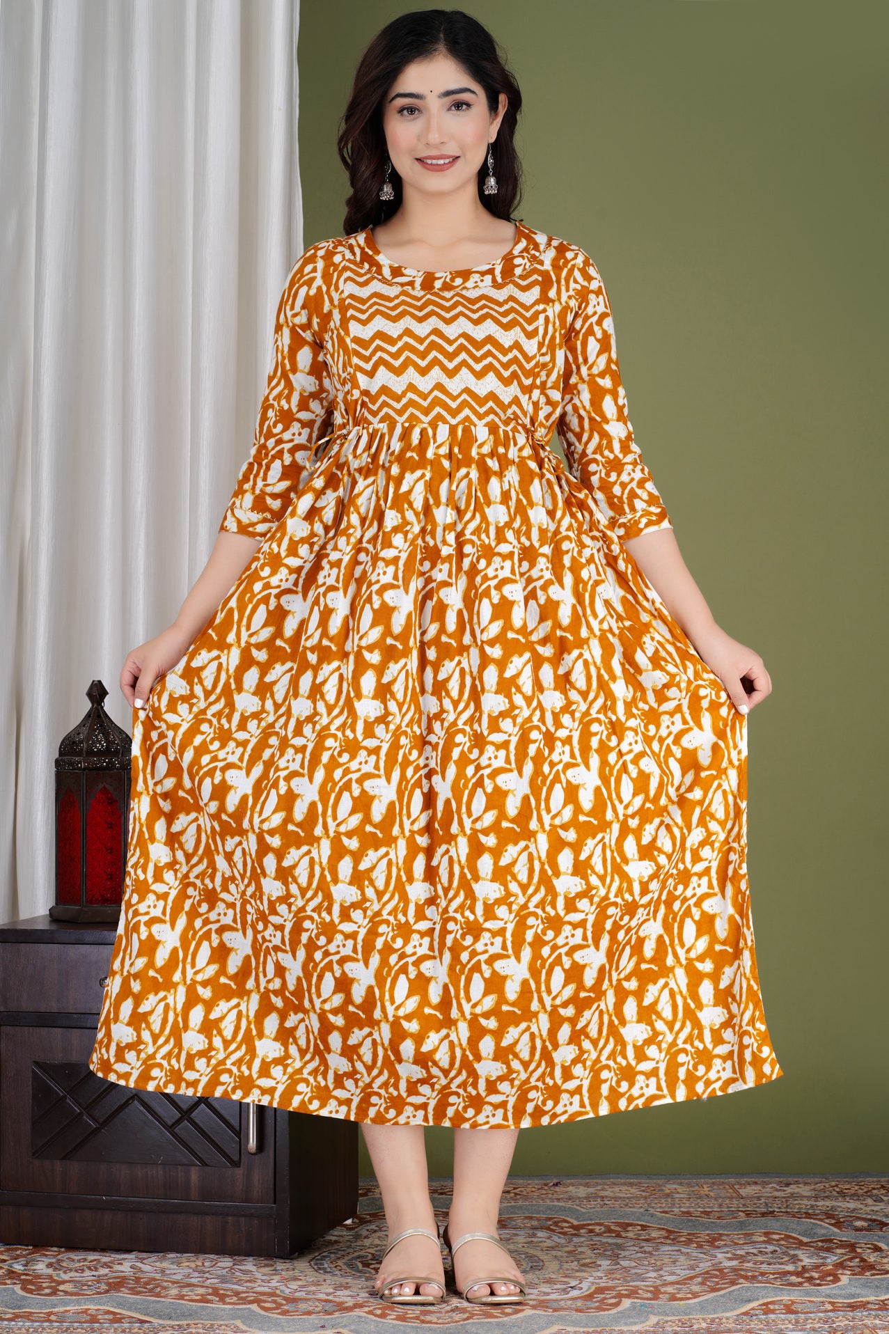 Mustard Yellow Printed Pure Rayon Maternity and Feeding Kurta