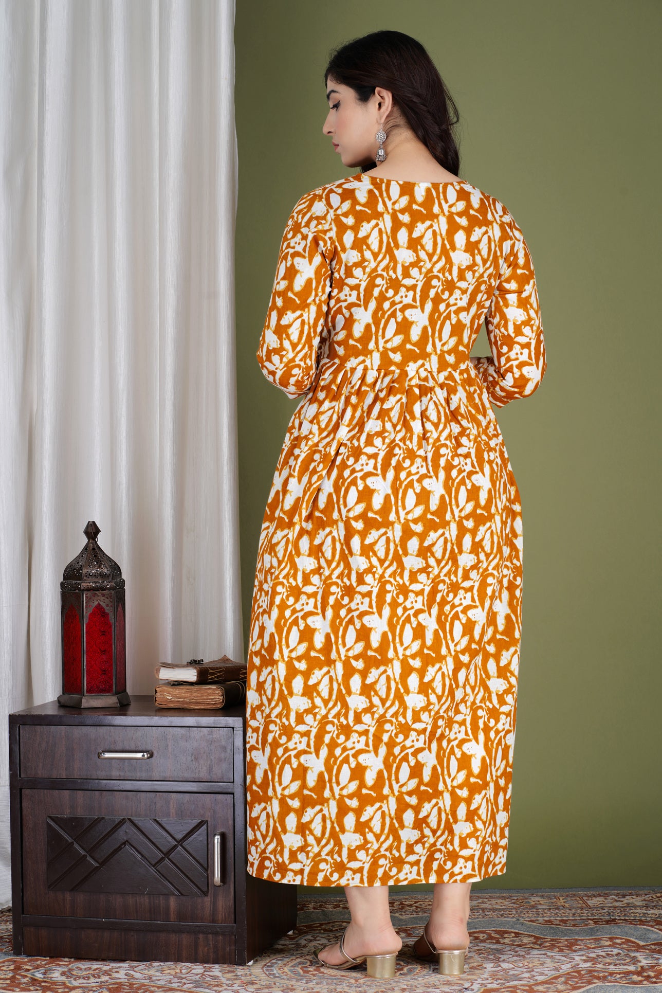 Mustard Yellow Printed Pure Rayon Maternity and Feeding Kurta