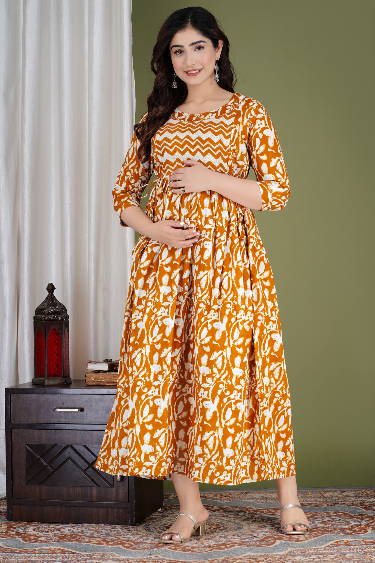 Mustard Yellow Printed Pure Rayon Maternity and Feeding Kurta