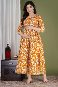 Mustard Yellow Printed Pure Rayon Maternity and Feeding Kurta