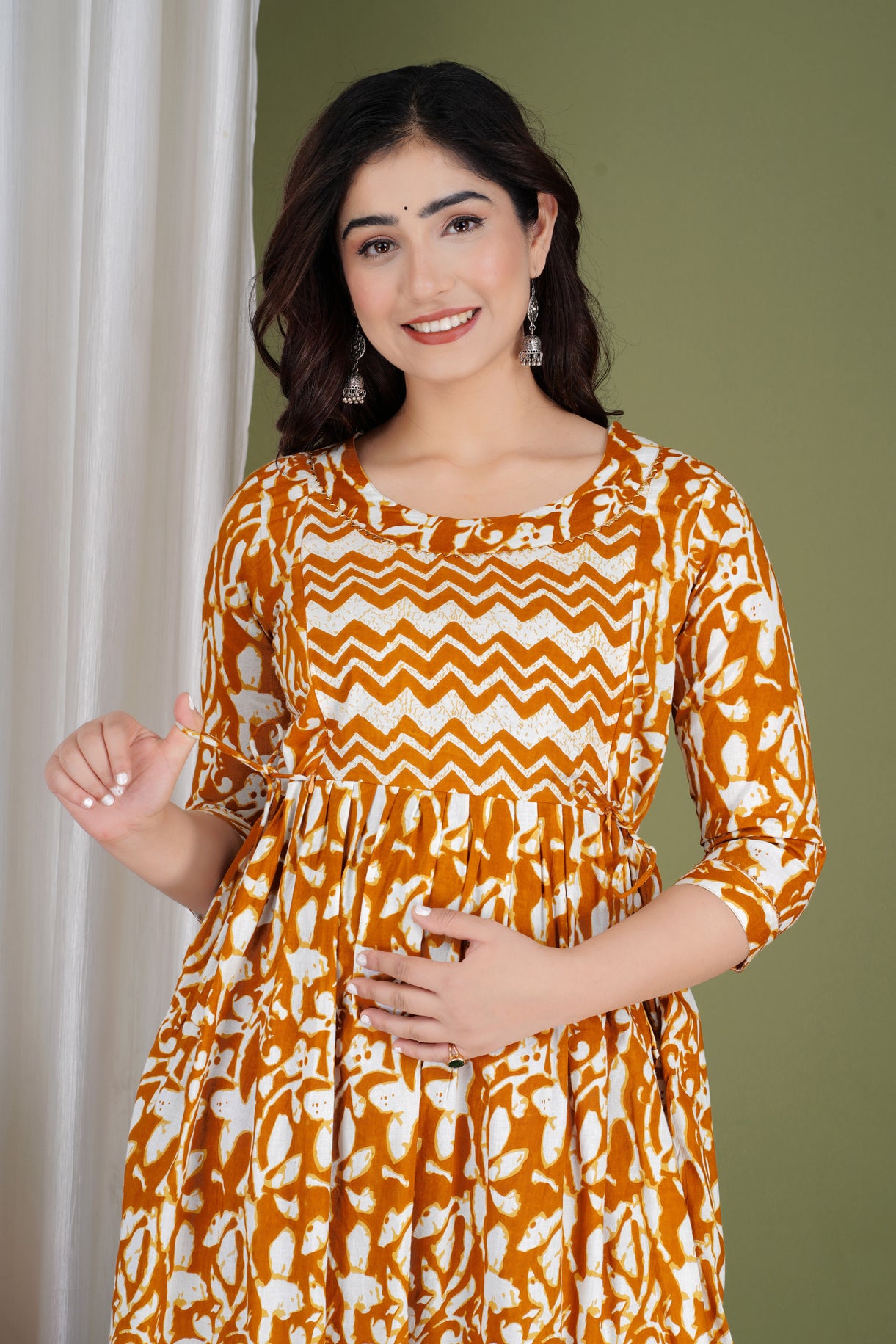 Mustard Yellow Printed Pure Rayon Maternity and Feeding Kurta