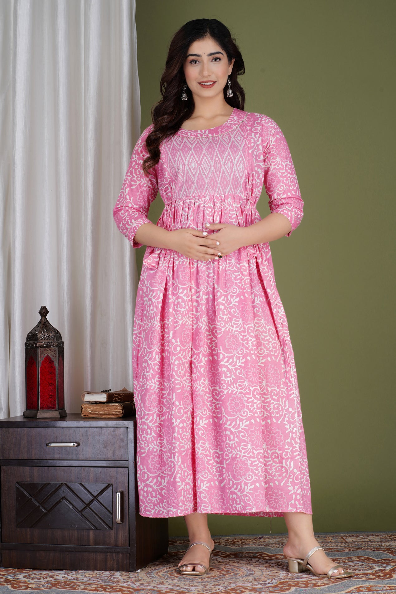 Light Pink Printed Pure Rayon Maternity and Feeding Kurta