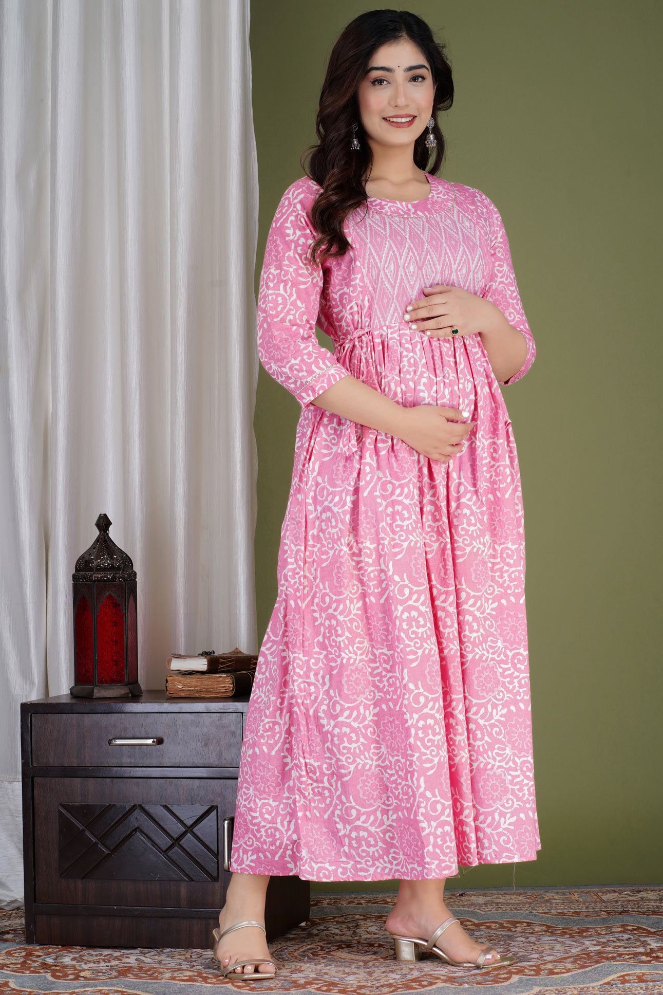 Light Pink Printed Pure Rayon Maternity and Feeding Kurta