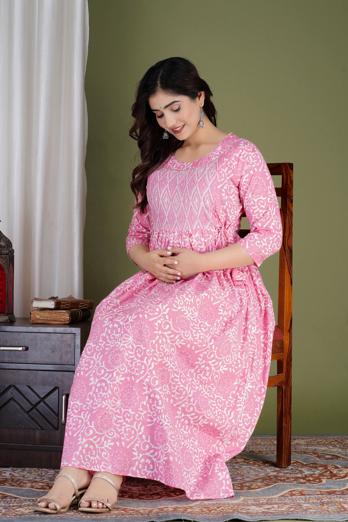 Light Pink Printed Pure Rayon Maternity and Feeding Kurta