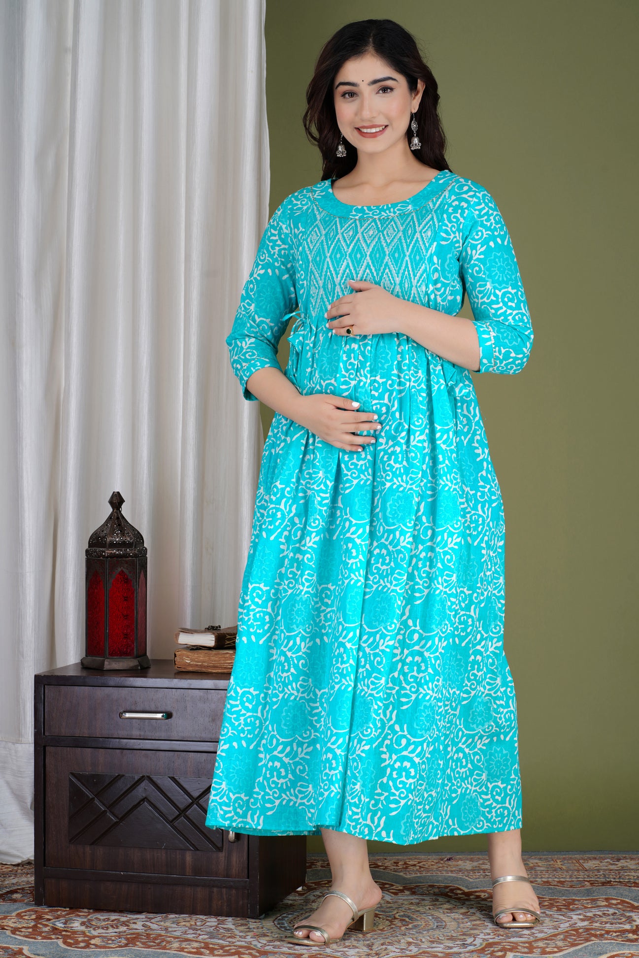 Aqua Blue Printed Pure Rayon Maternity and Feeding Kurta
