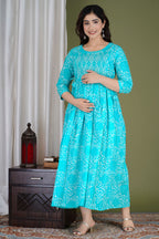 Aqua Blue Printed Pure Rayon Mateniry And Feeding Kurta