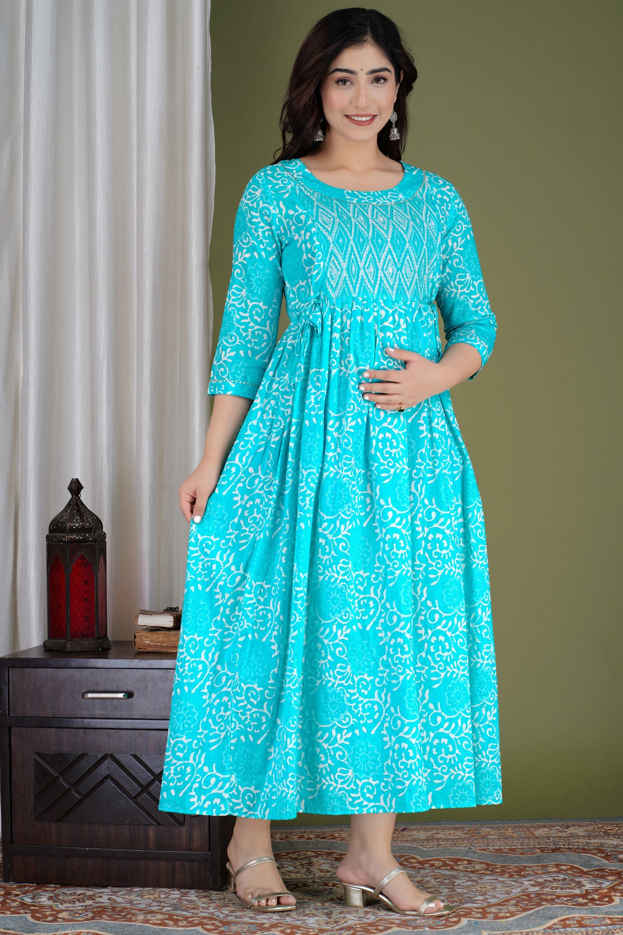 Aqua Blue Printed Pure Rayon Maternity and Feeding Kurta