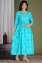 Aqua Blue Printed Pure Rayon Mateniry And Feeding Kurta