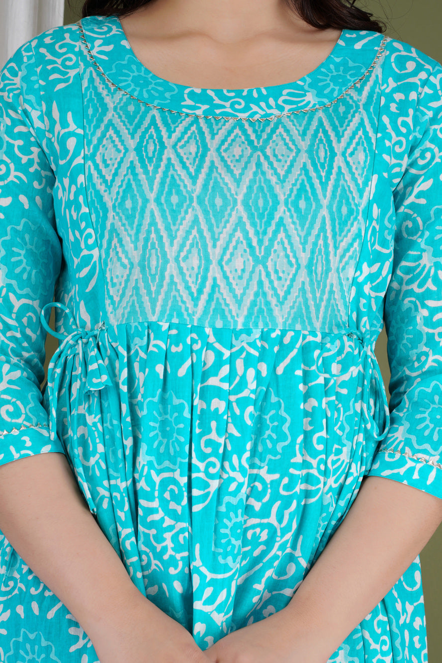 Aqua Blue Printed Pure Rayon Maternity and Feeding Kurta