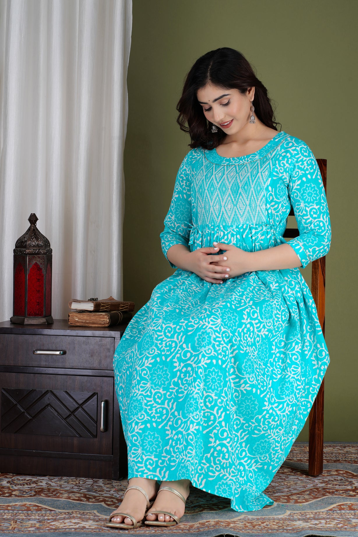 Aqua Blue Printed Pure Rayon Maternity and Feeding Kurta