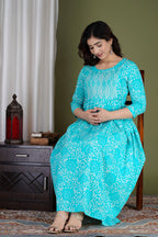 Aqua Blue Printed Pure Rayon Mateniry And Feeding Kurta