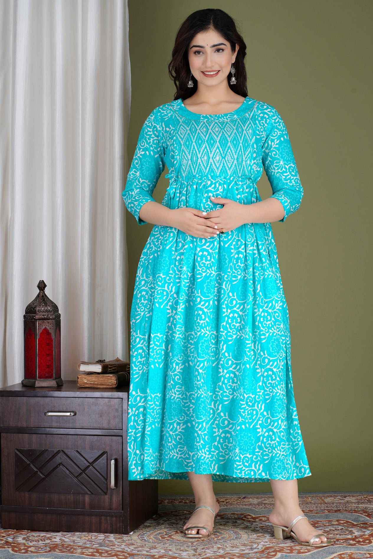 Aqua Blue Printed Pure Rayon Maternity and Feeding Kurta