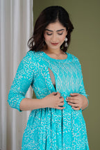 Aqua Blue Printed Pure Rayon Mateniry And Feeding Kurta