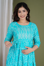 Aqua Blue Printed Pure Rayon Mateniry And Feeding Kurta