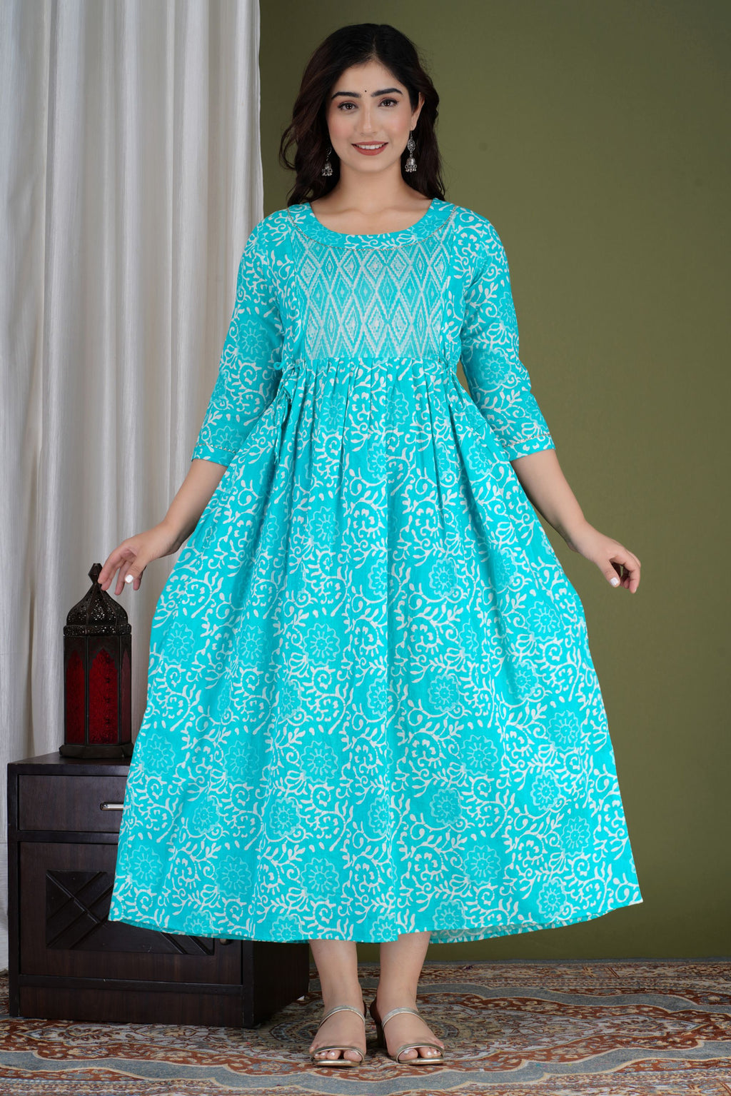 Aqua Blue Printed Pure Rayon Mateniry And Feeding Kurta