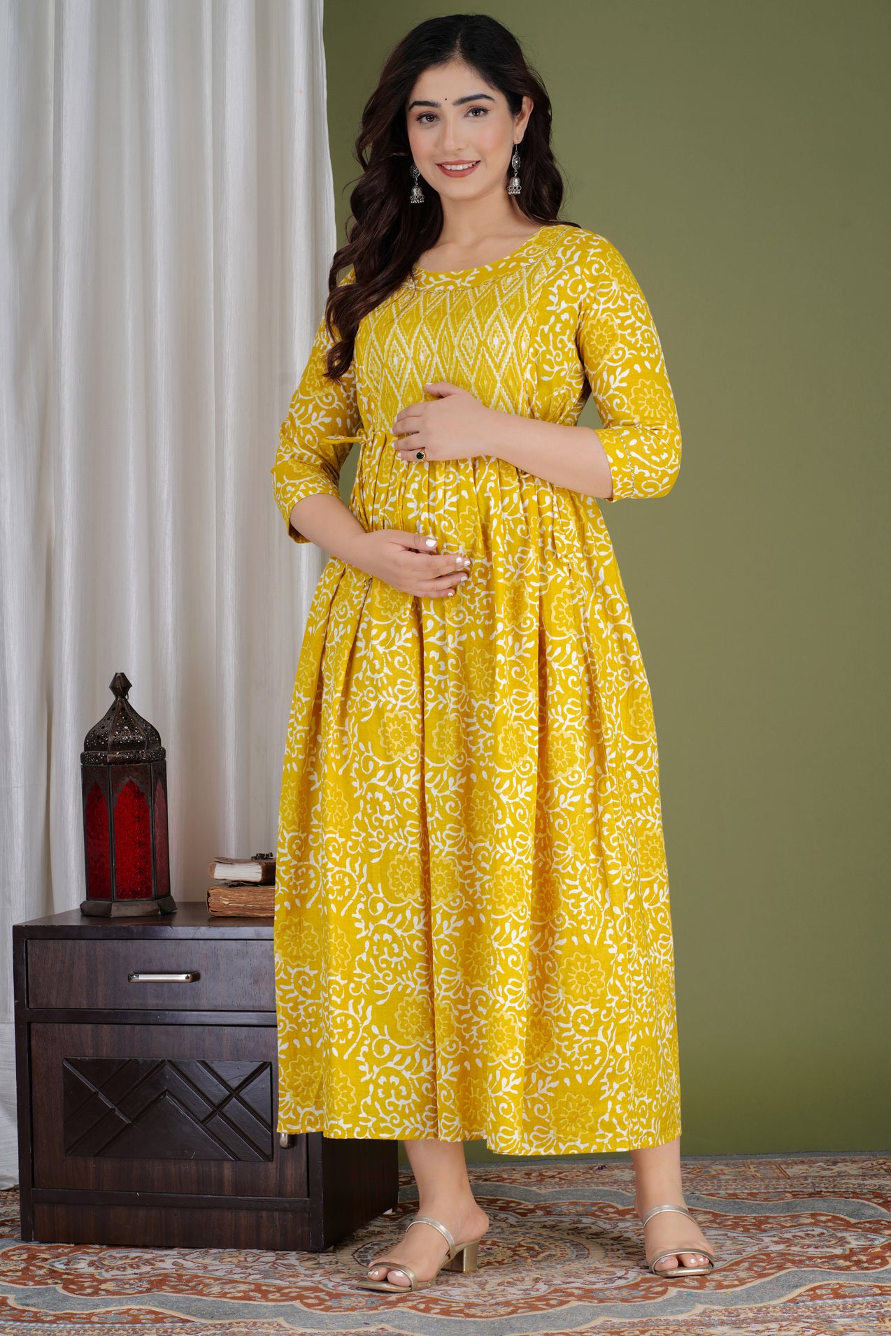 Bright Yellow Printed Pure Rayon Maternity and Feeding Kurta