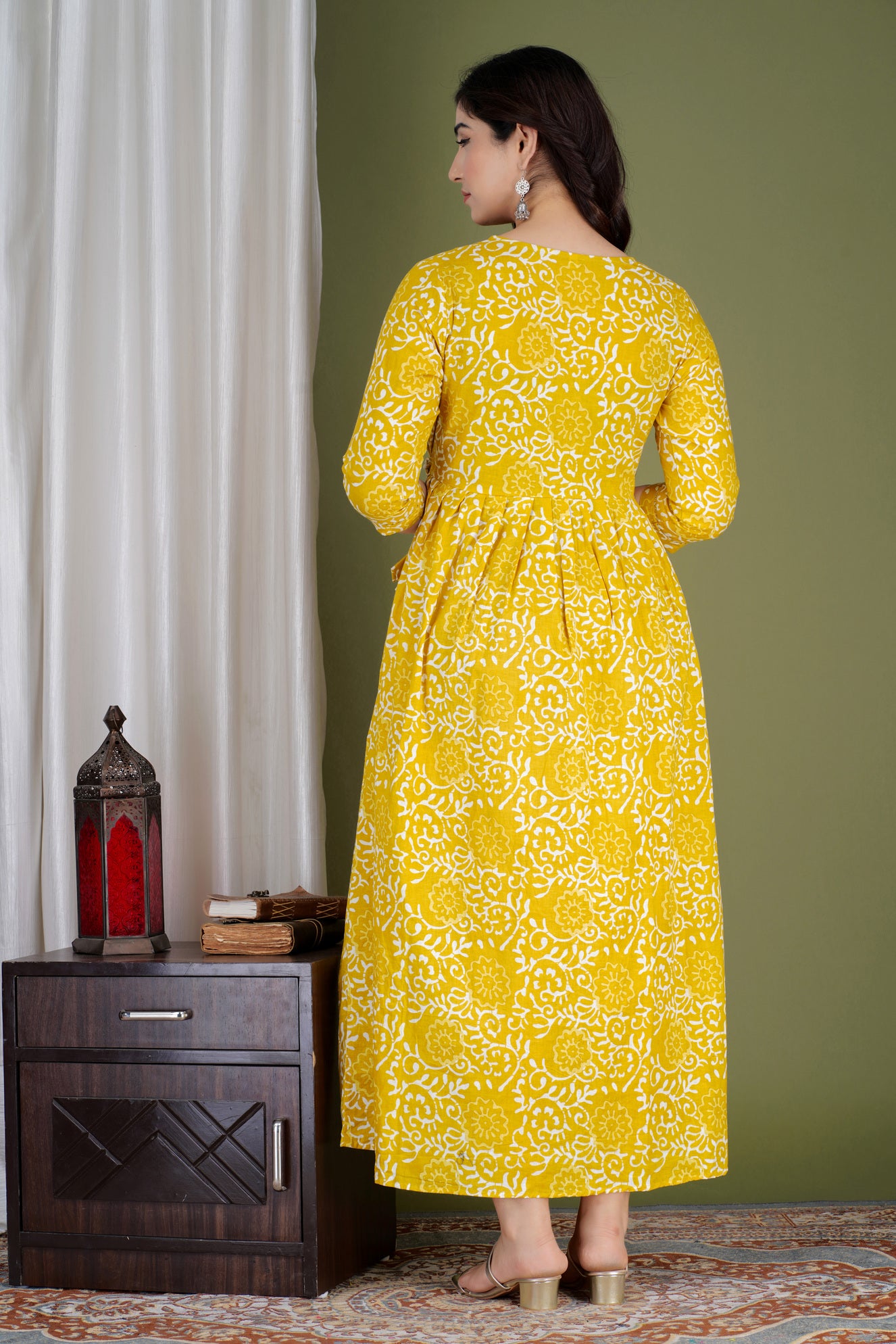 Bright Yellow Printed Pure Rayon Maternity and Feeding Kurta
