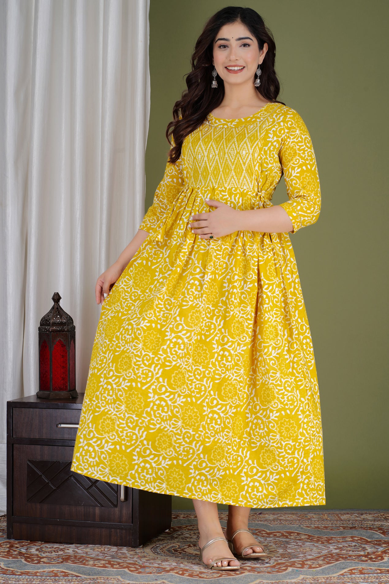 Bright Yellow Printed Pure Rayon Maternity and Feeding Kurta