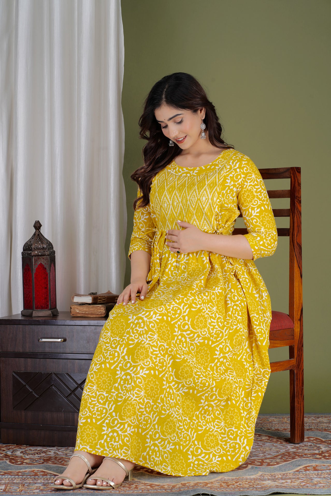 Bright Yellow Printed Pure Rayon Maternity and Feeding Kurta