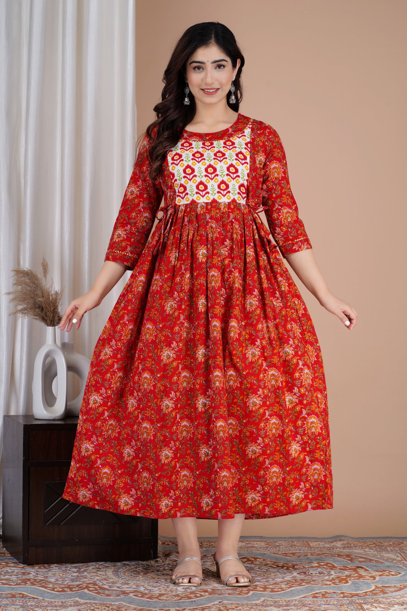 Red With Yoke Printed Pure Rayon Maternity and Feeding Kurta