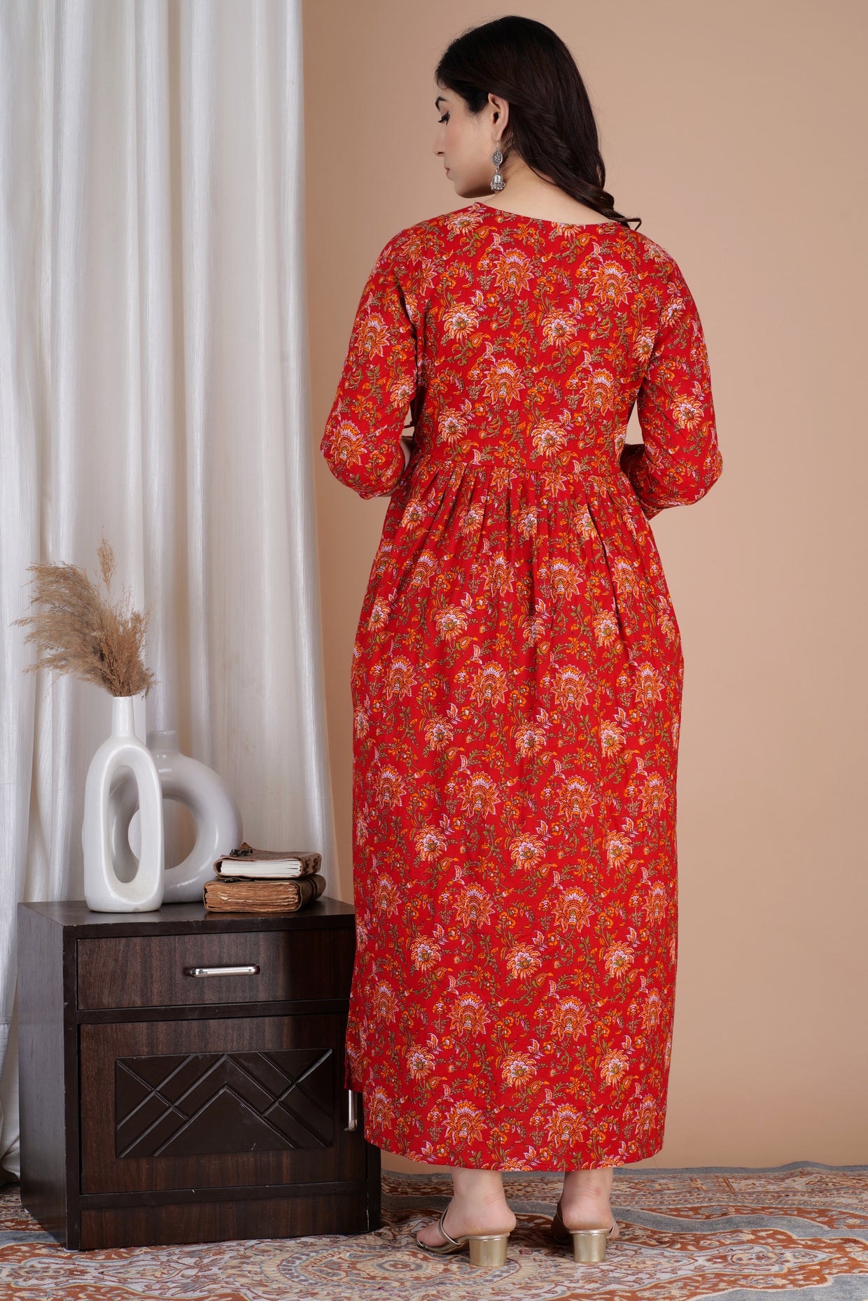 Red With Yoke Printed Pure Rayon Maternity and Feeding Kurta