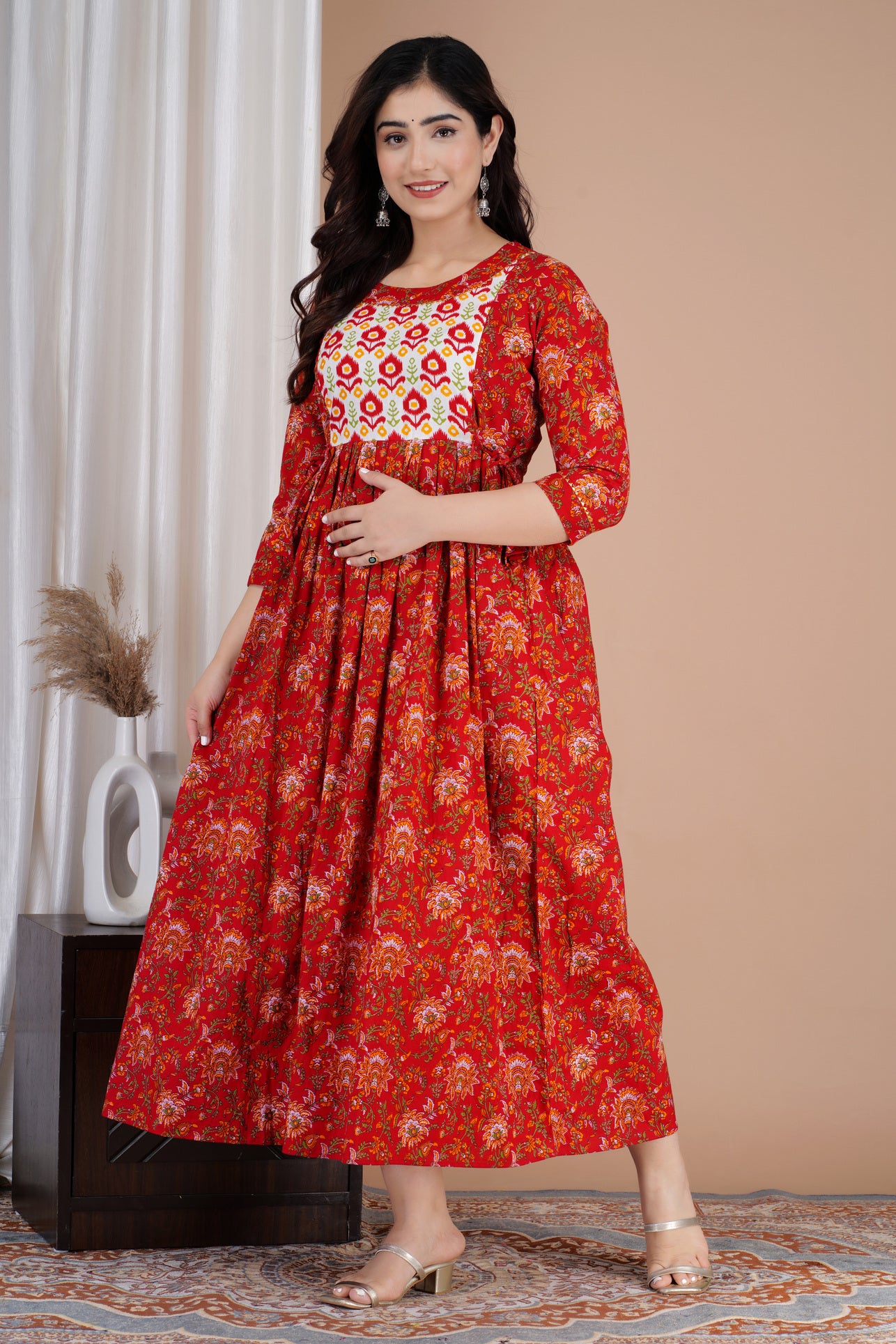 Red With Yoke Printed Pure Rayon Maternity and Feeding Kurta