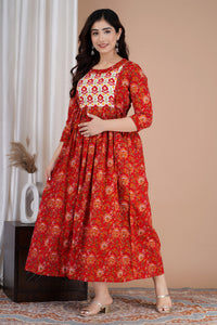 Red With Yoke Printed Pure Rayon Maternity and Feeding Kurta