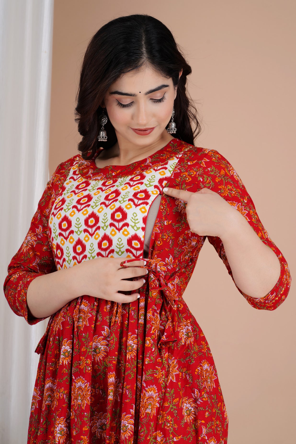 Red With Yoke Printed Pure Rayon Maternity and Feeding Kurta