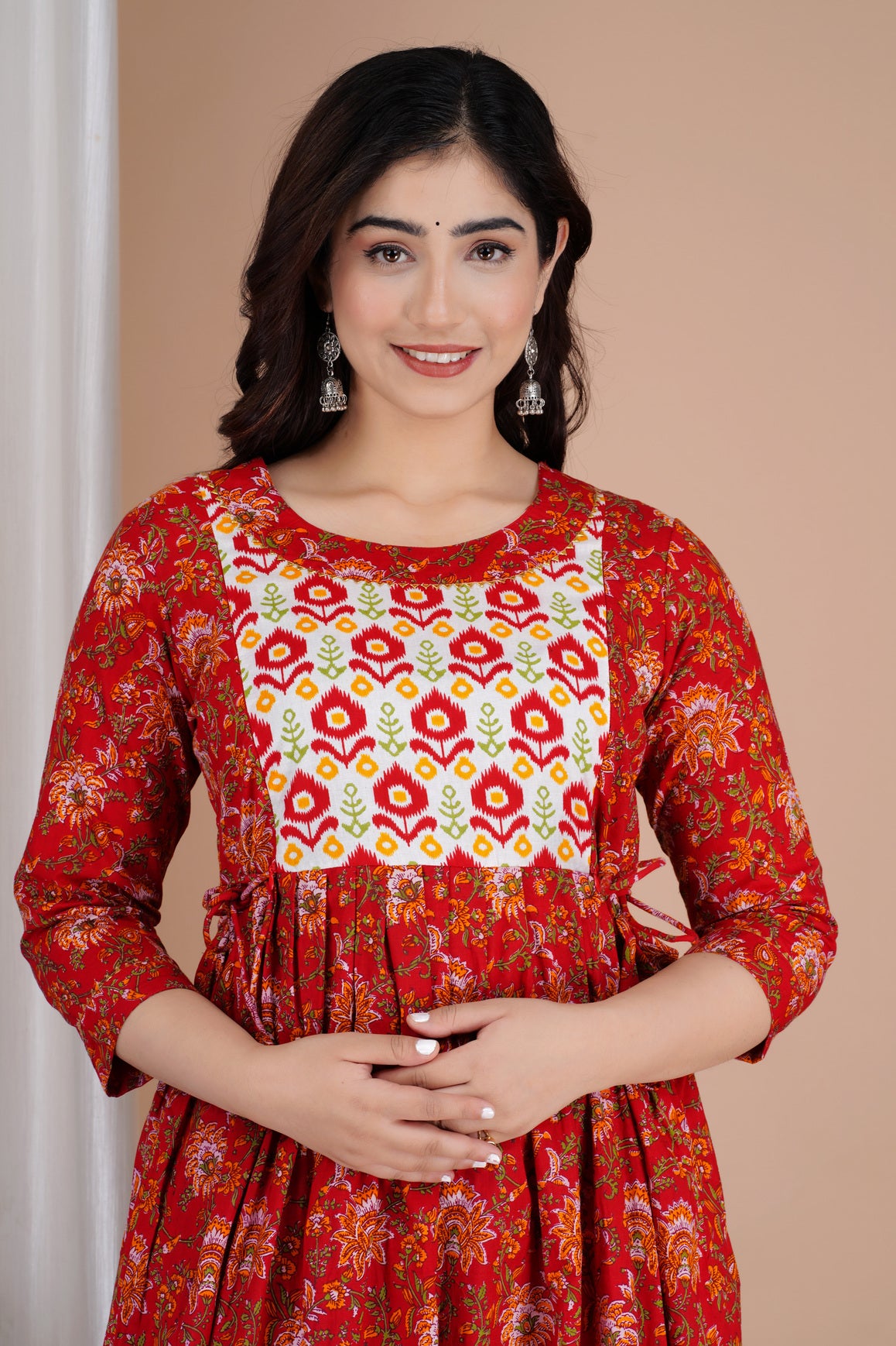 Red With Yoke Printed Pure Rayon Maternity and Feeding Kurta