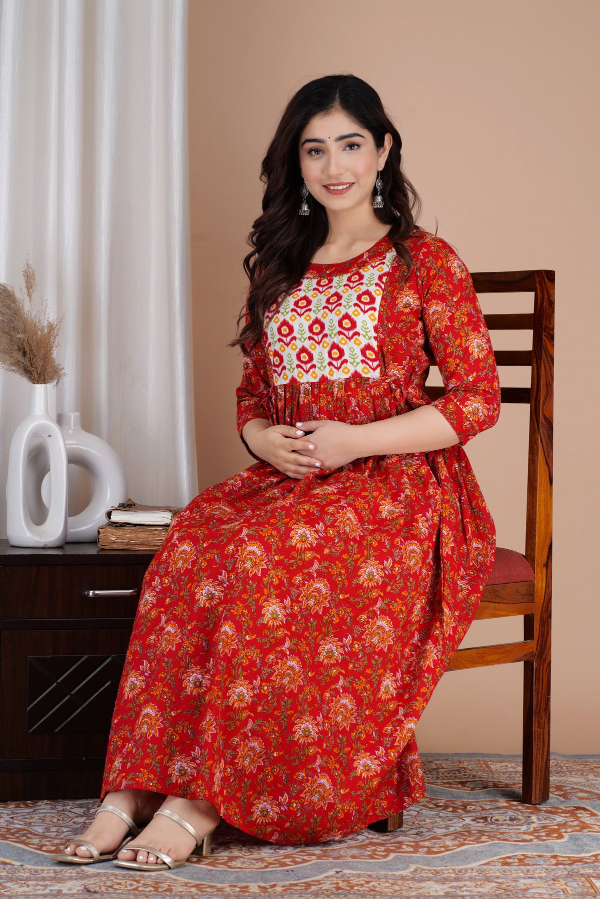 Red With Yoke Printed Pure Rayon Maternity and Feeding Kurta