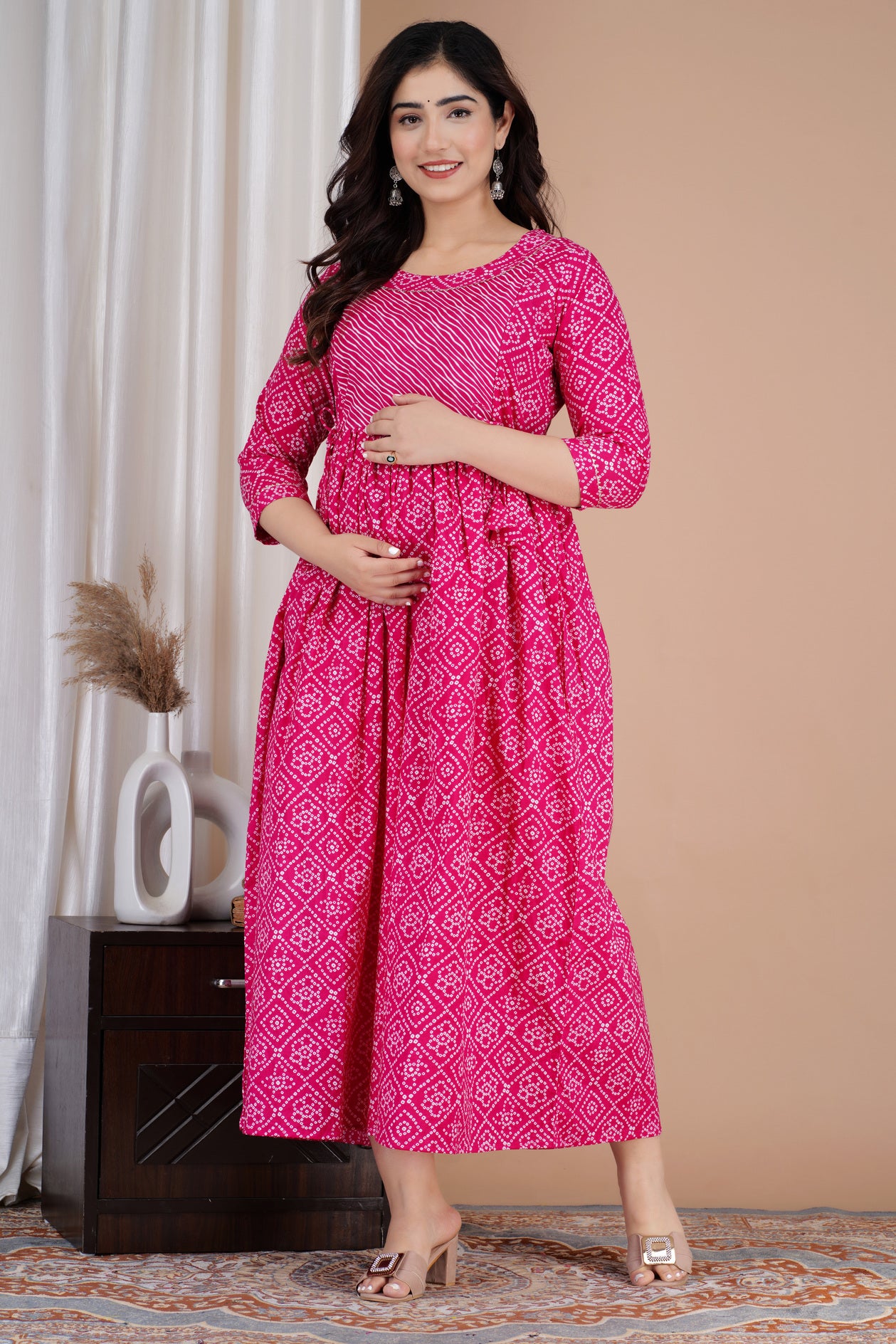 Hot Pink Printed Pure Rayon Maternity and Feeding Kurta