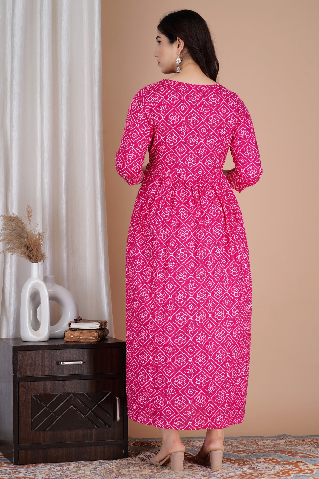 Hot Pink Printed Pure Rayon Maternity and Feeding Kurta