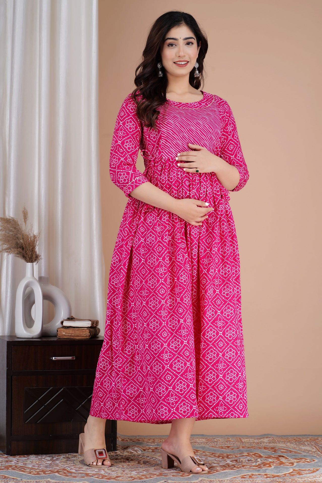 Hot Pink Printed Pure Rayon Maternity and Feeding Kurta