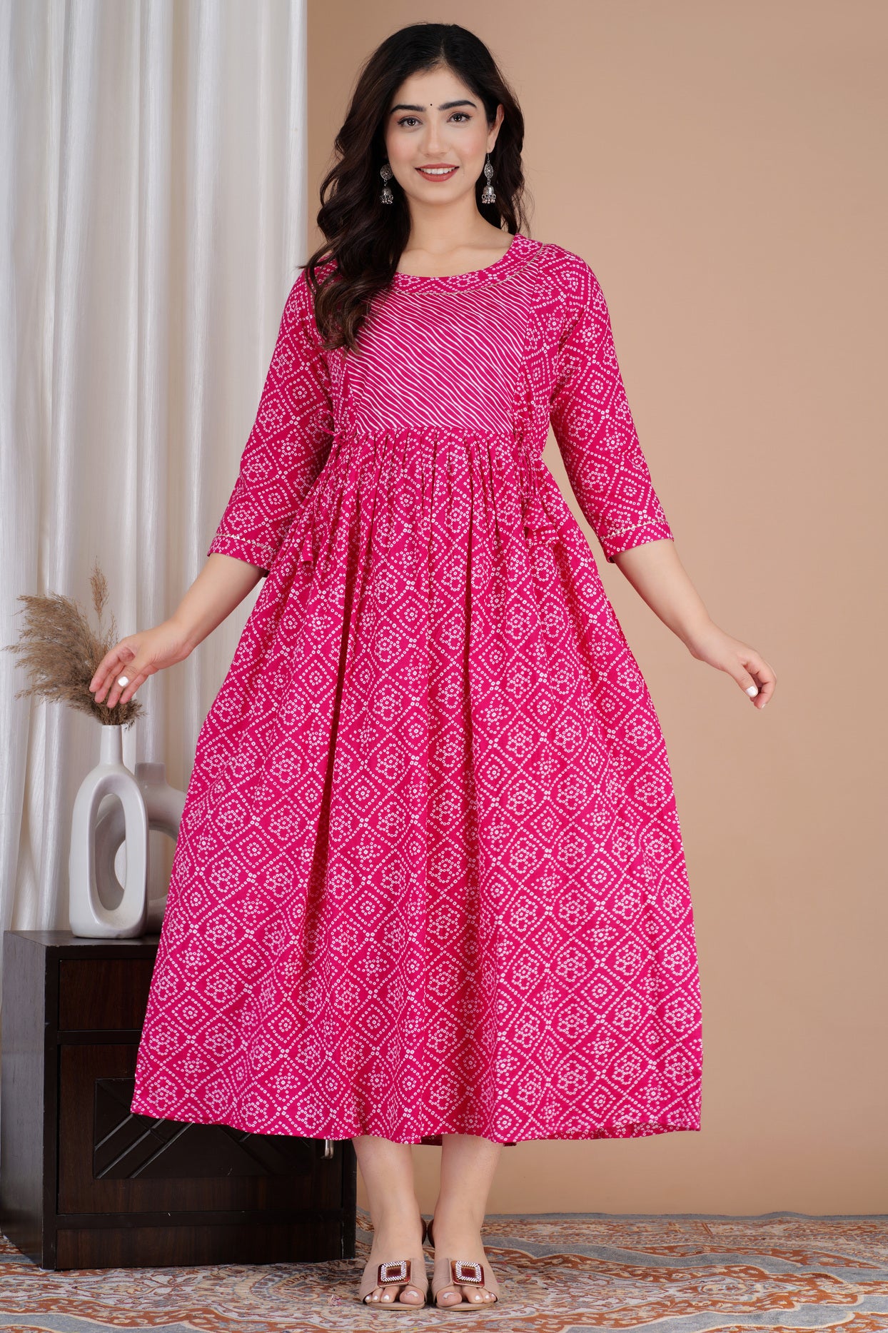 Hot Pink Printed Pure Rayon Maternity and Feeding Kurta