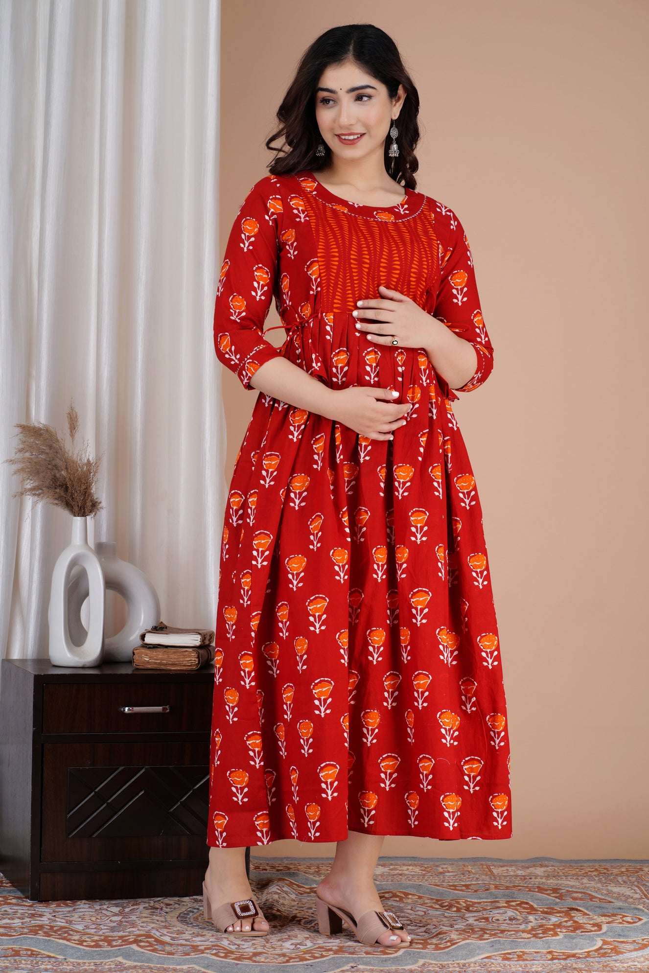Red Printed Pure Rayon Maternity and Feeding Kurta