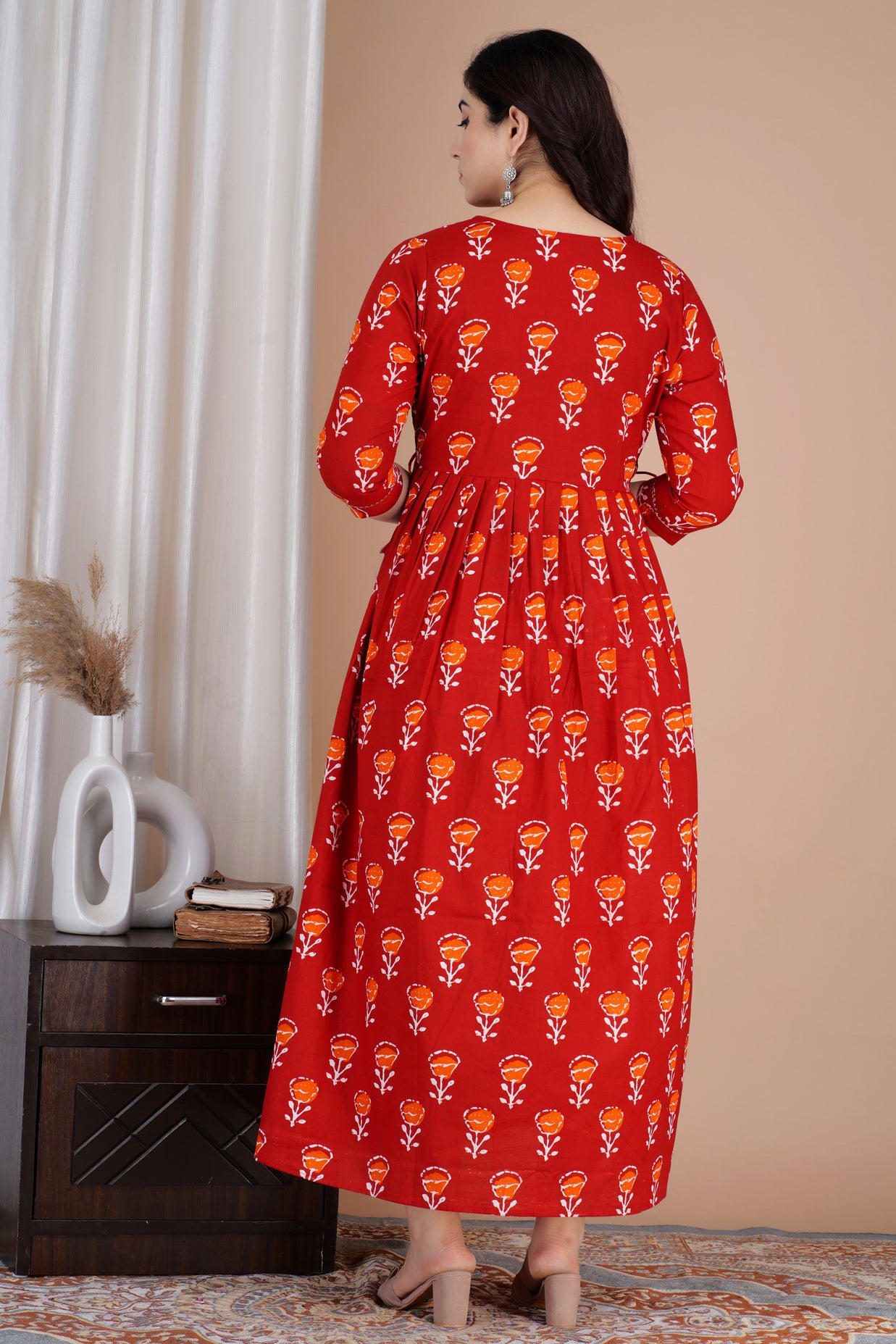 Red Printed Pure Rayon Maternity and Feeding Kurta