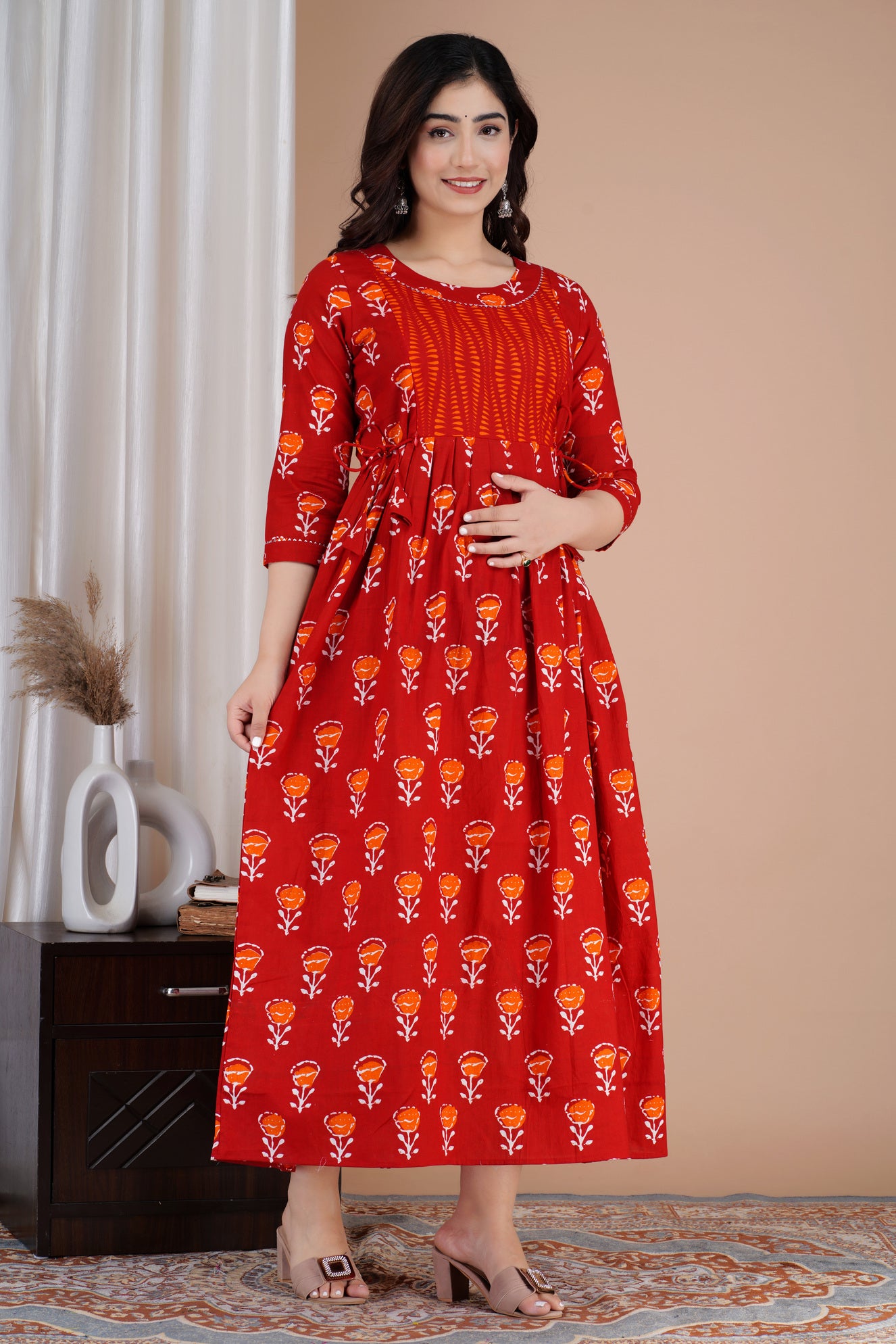 Red Printed Pure Rayon Maternity and Feeding Kurta
