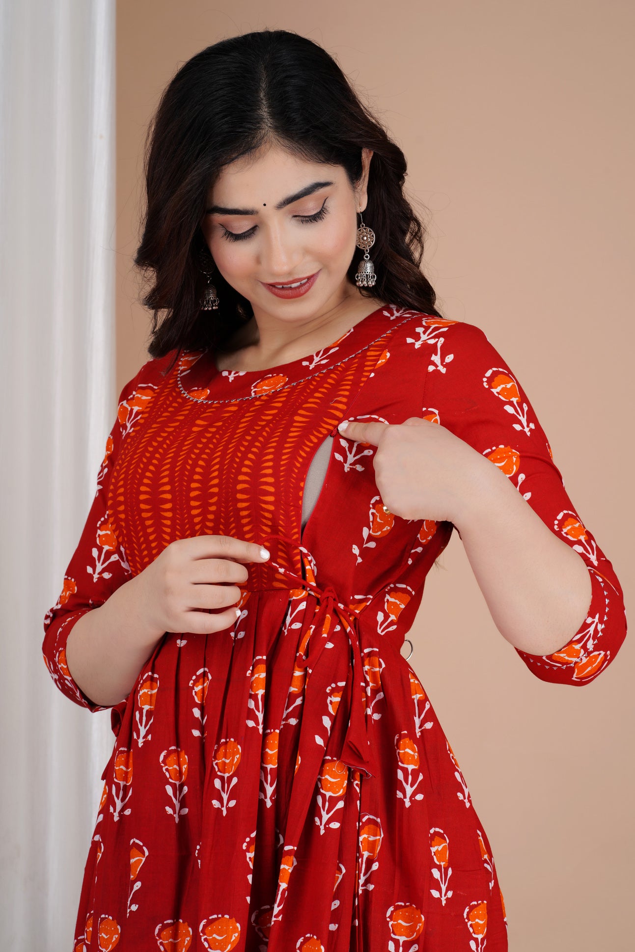 Red Printed Pure Rayon Maternity and Feeding Kurta