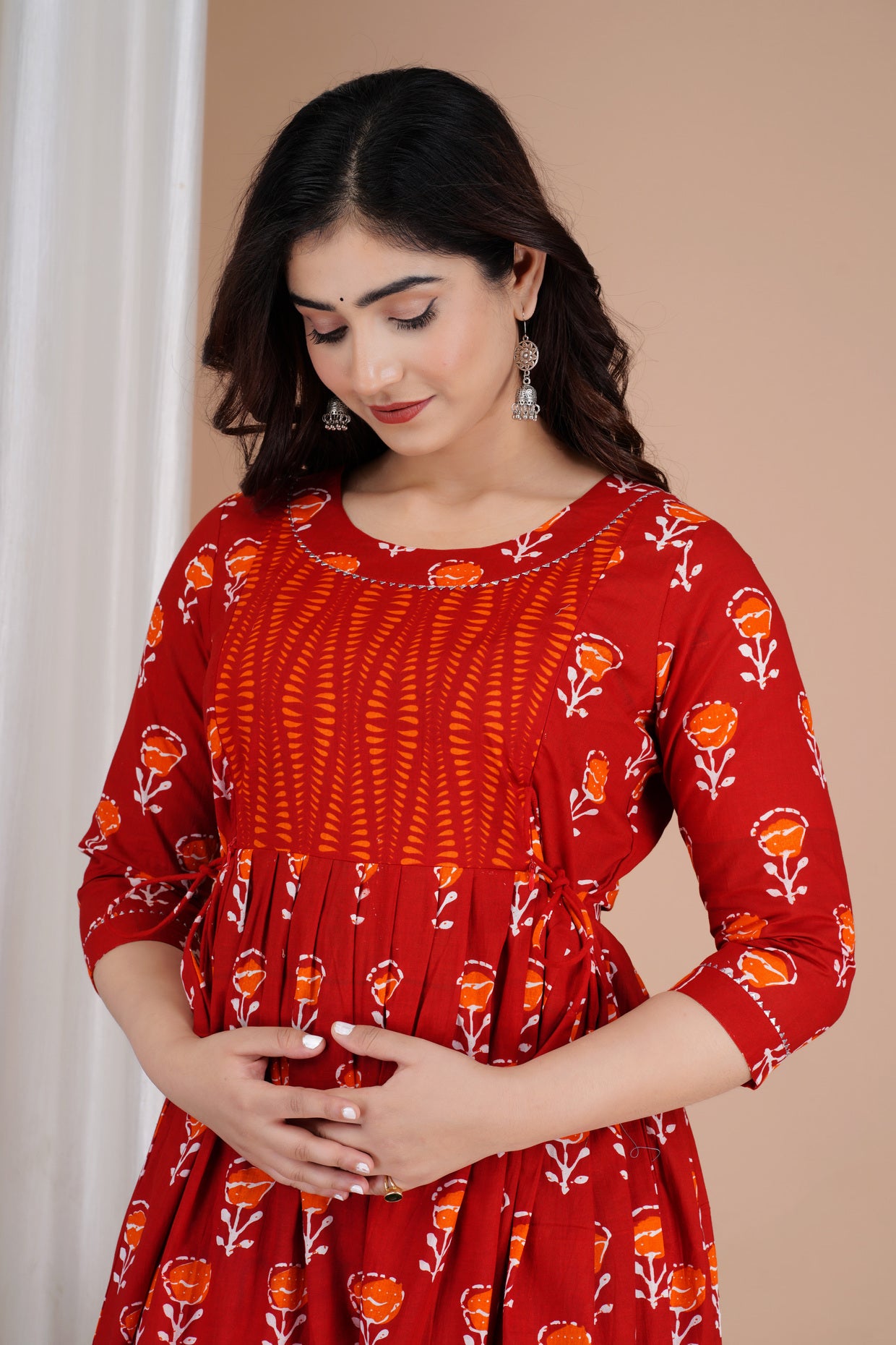 Red Printed Pure Rayon Maternity and Feeding Kurta