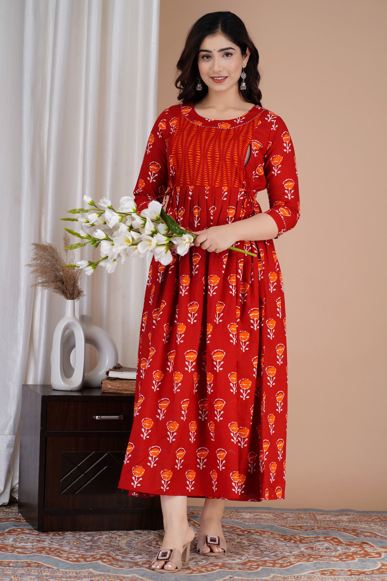 Red Printed Pure Rayon Maternity and Feeding Kurta