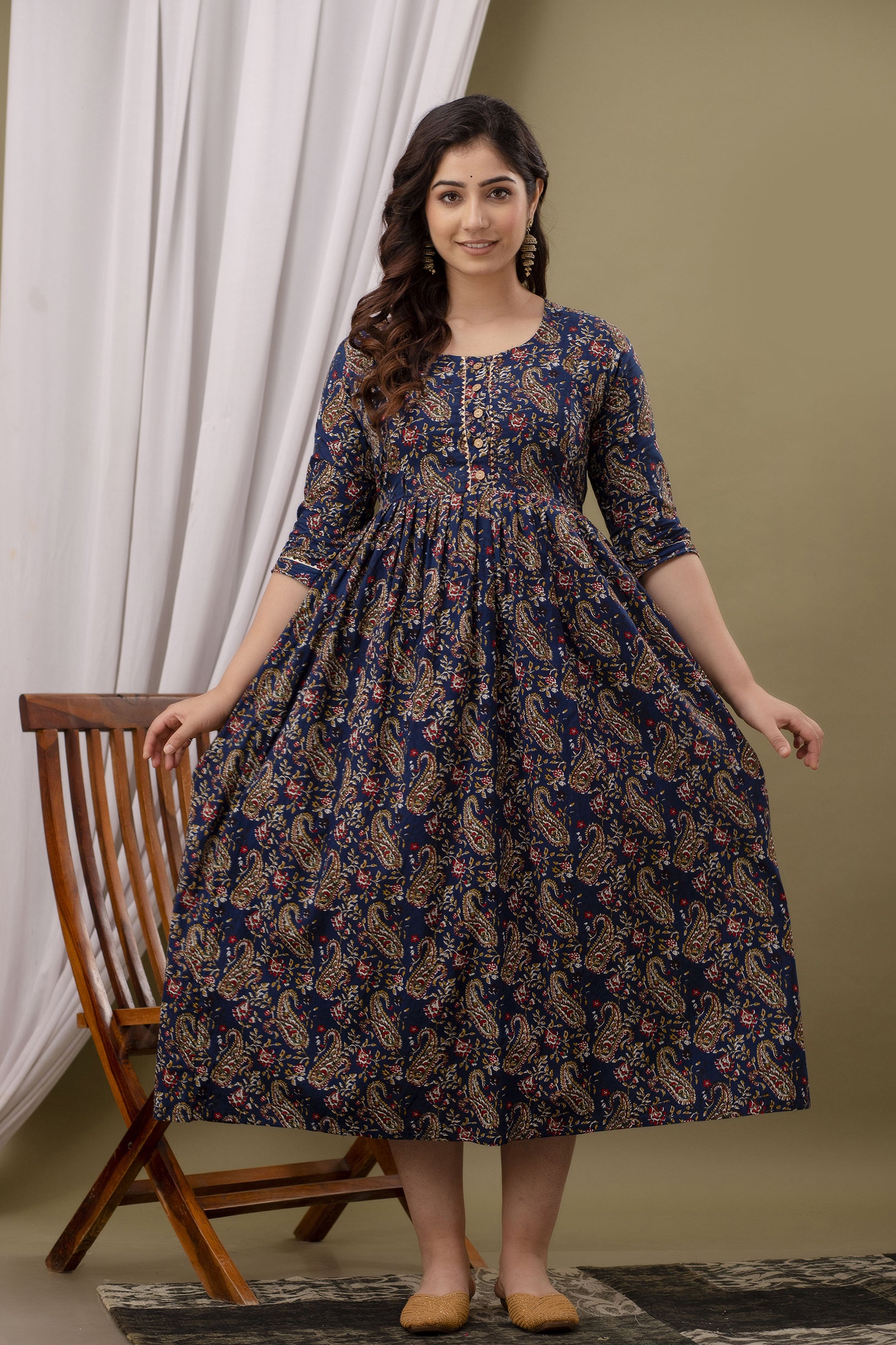 Deep Navy Blue Printed Pure Rayon Maternity and Feeding Kurta