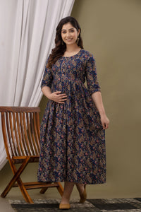 Deep Navy Blue Printed Pure Rayon Maternity and Feeding Kurta