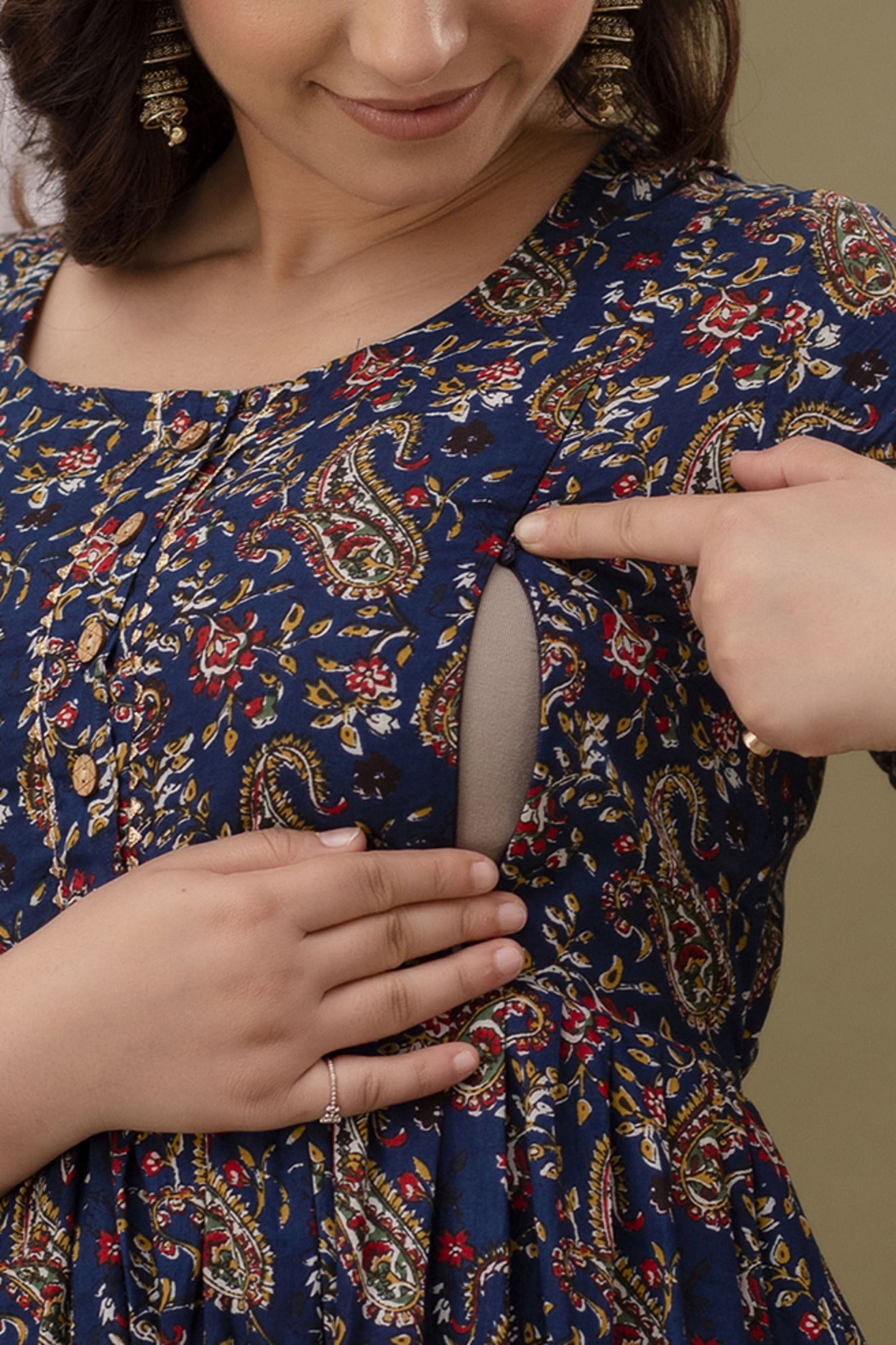 Deep Navy Blue Printed Pure Rayon Maternity and Feeding Kurta