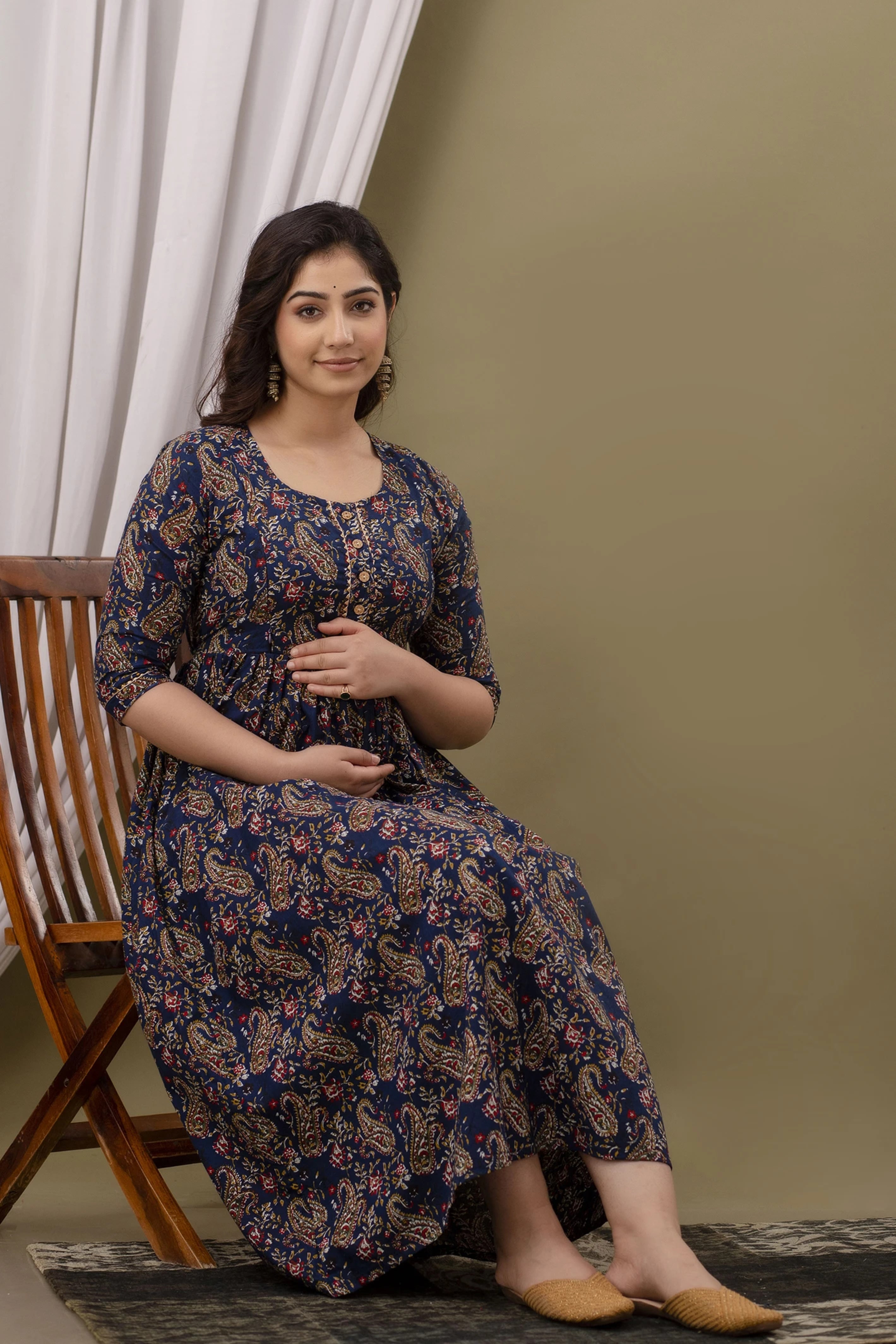 Deep Navy Blue Printed Pure Rayon Maternity and Feeding Kurta