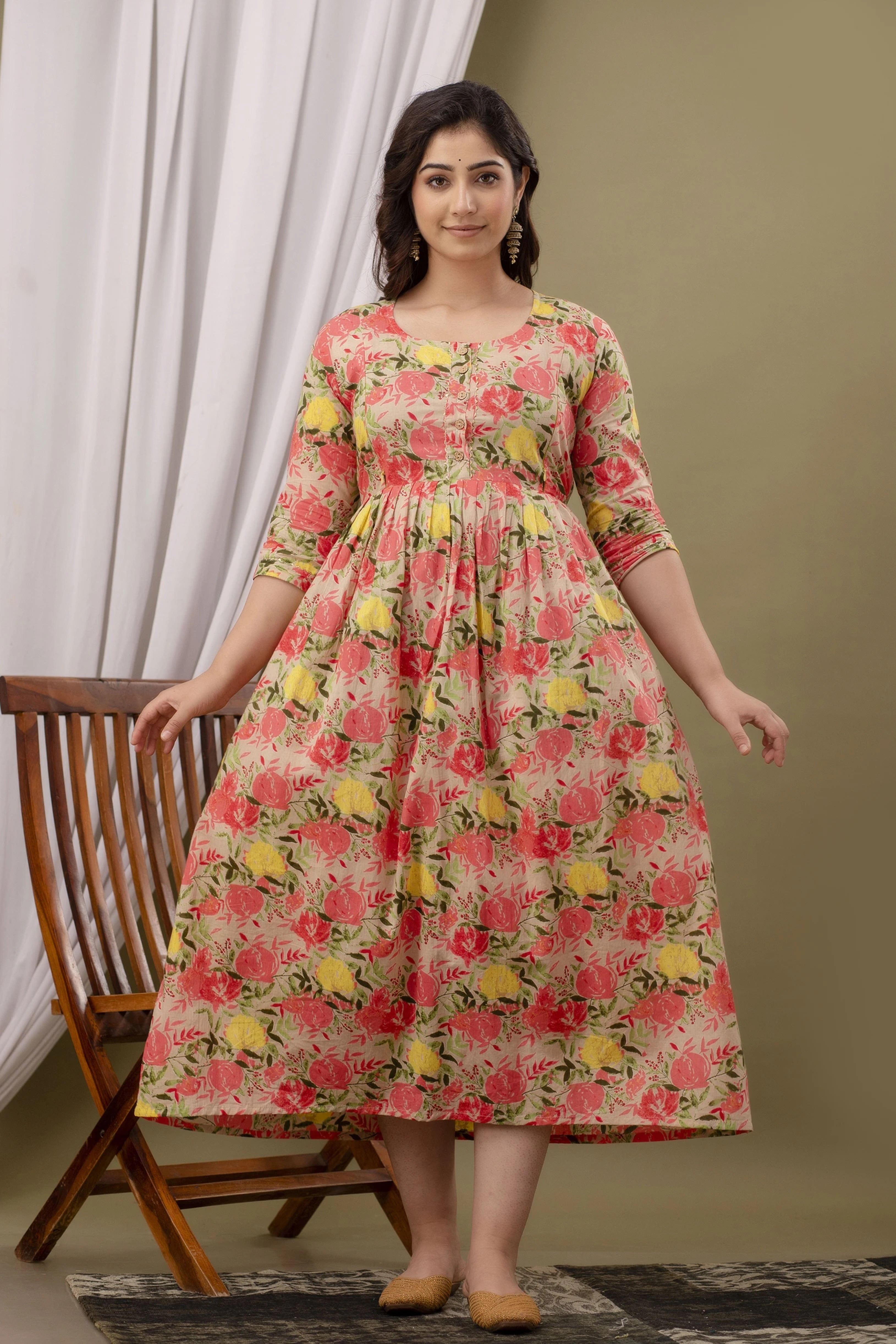 Beige Printed Pure Rayon Cotton Maternity and Feeding Kurta