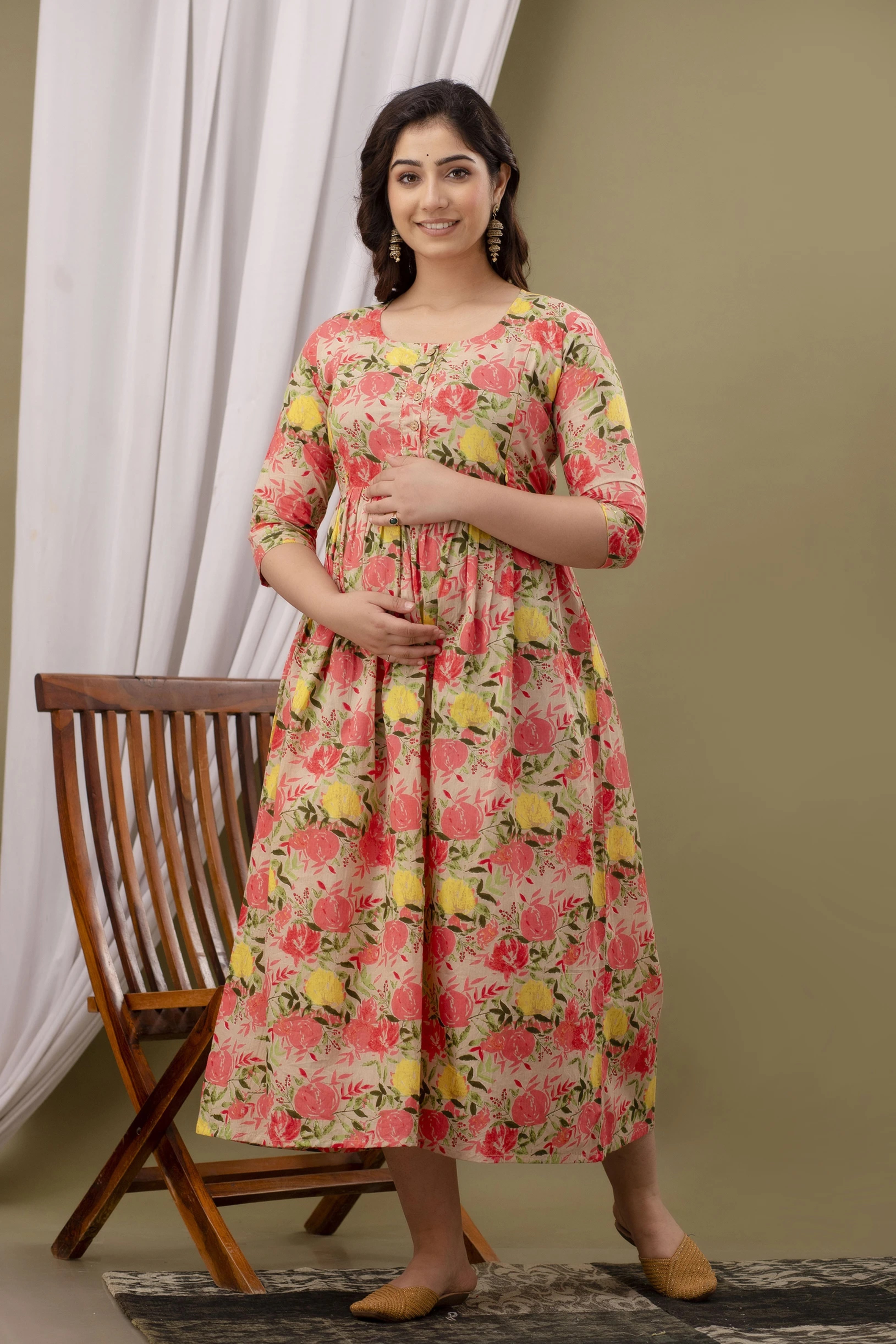 Beige Printed Pure Rayon Cotton Maternity and Feeding Kurta